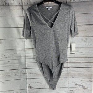 Bar III Gray V-Neck Strappy Short Sleeve Bodysuit